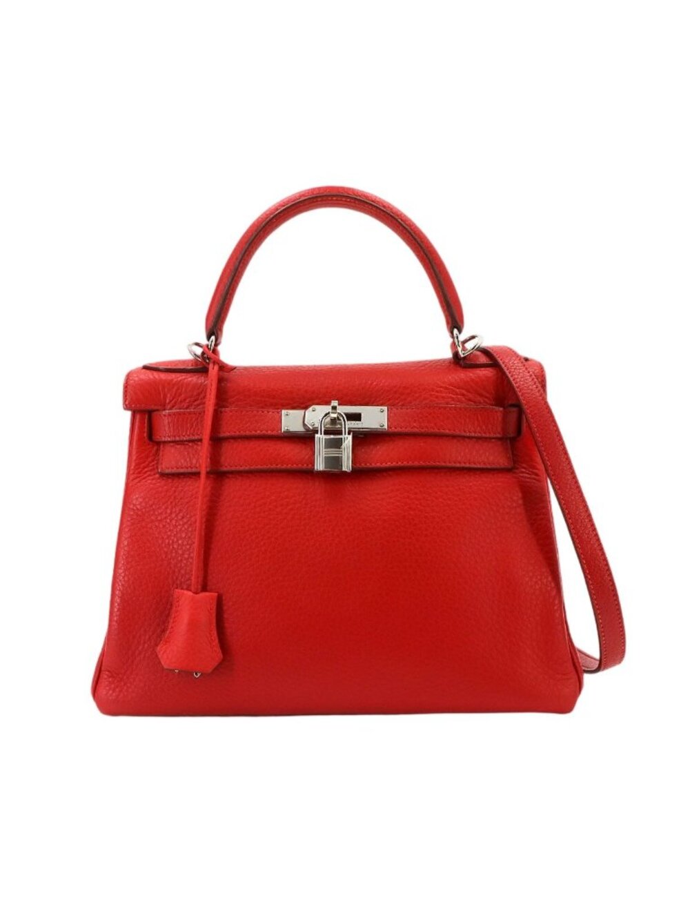 Hermes Kelly 28 Taurillon Clemence Red 2-Way Bag Retourne Silver